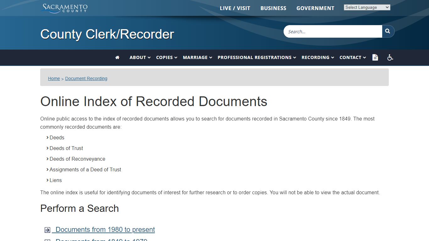 Online Index of Recorded Documents - Sacramento County, California
